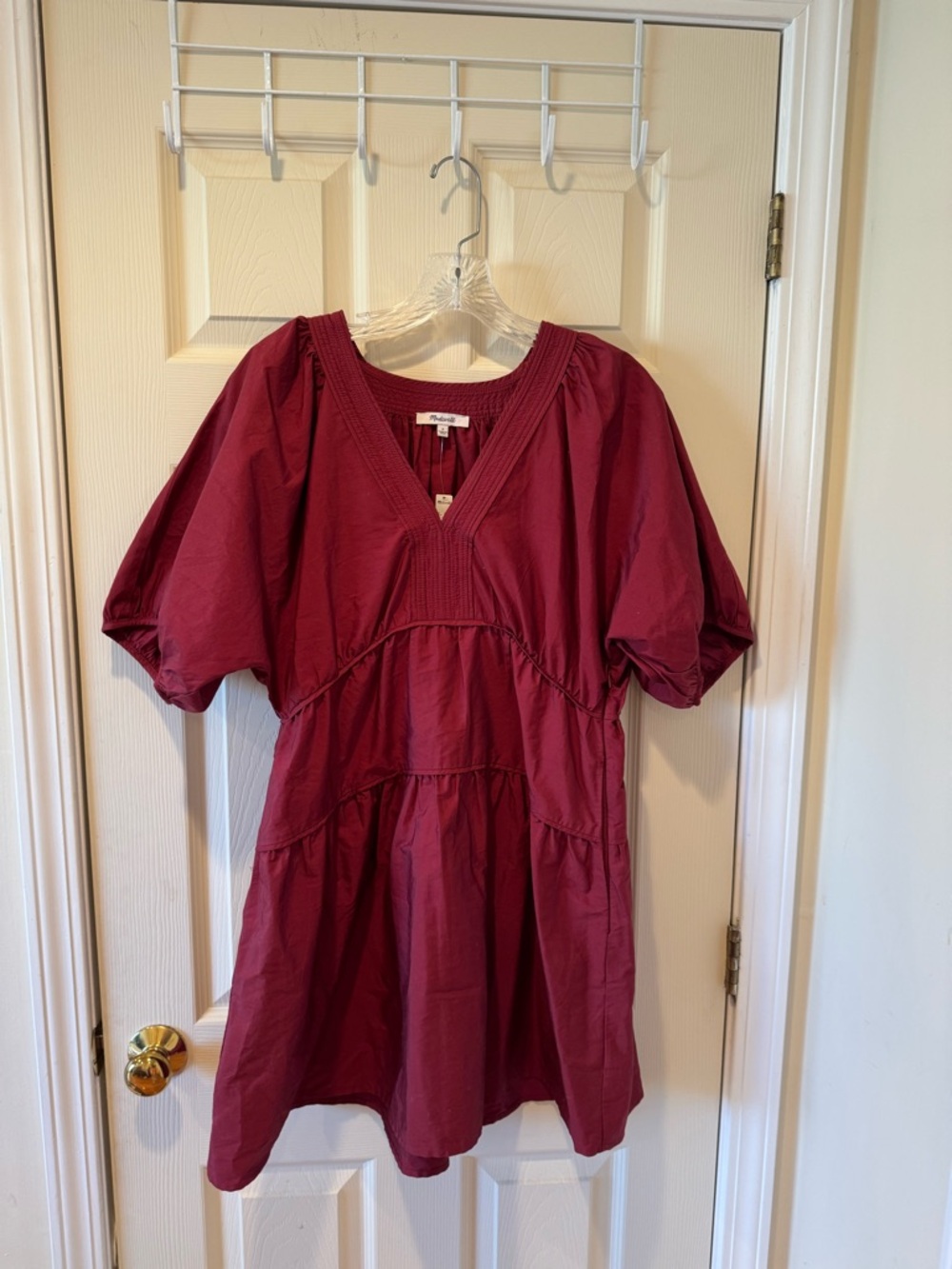 Madewell Burgundy Puff-Sleeve V-Neck Dress - Picture 3 of 8